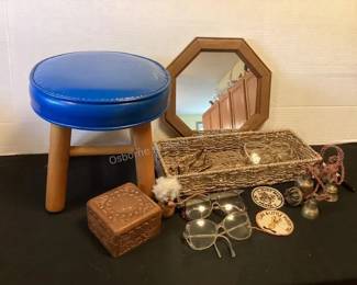 MCM stool, vintage eye glasses, brass bells