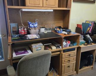 Oak Desk with Hutch; Task Chair; Assorted Office Supplies, etc.