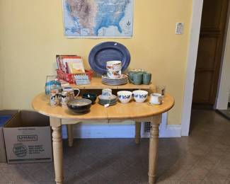 Round Light Oak Dining Table with One Leaf; Steins/Mugs; Small Sets of Dishes; Recipe Books and more.