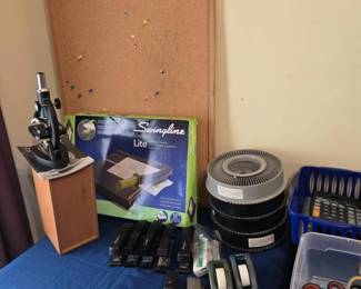 Microscope with Storage Cabinet; Office Supplies; Slide Reels and much more!