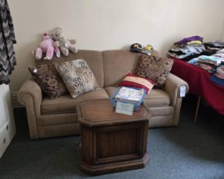 Tan Loveseat; Decorative Pillows; Vintage End Table and more.