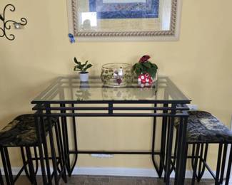 Metal Wrought Iron Dining Table with a Pair of Matching Stools; Wall Print and more.