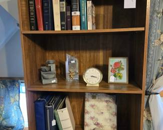 Sauder-Style Bookshelf; Books; Albums; Clock; and Decor Items