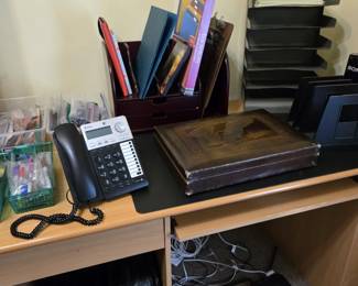Assorted Office Supplies & Equipment; Desk Telephone; Small Light Oak-Colored Computer Desk