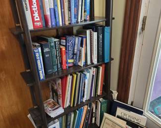 Black 5-Shelf Bookshelf; Miscellaneous Books & Resources.