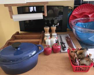 Blue Cast Iron Roaster; Salt & Pepper Shakers; Napkin Rings; and much more!