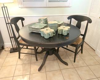 Sweetest shabby chic round pedestal dining table with 4 matching chairs (2 not pictured). Black finish over solid wood.