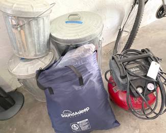 Graduated galvanized trashcans with lids, inflatable bed & air compressor