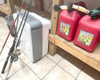 misc de-humidifier, gas cans, fishing poles