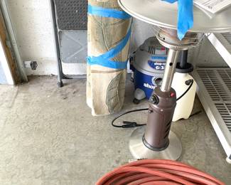 heat lamp, hose, vintage rug, wetdry vac, shelving and more