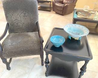Side chair and Hooker furniture side table, solid wood (not pictured are the matching Hooker round table and Hooker coffee table). Selection of beautiful hand-thrown pottery.