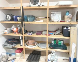 pots and trays, tools, lighting, fan, brackets and shelving