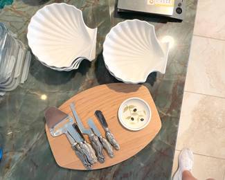 vintage shell baking dishes, cheese board & cheese utensils