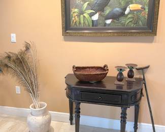Spanish-inspired console table, original toucan art & vintage, signed walking stick.