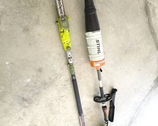 Stihl Kombi tool with three attachments (2 attachments not pictured) and electric polesaw