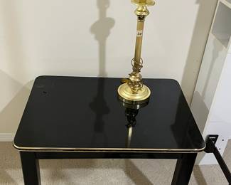 Nice black acrylic square table with gold band, and gold lamp that goes perfect with it!