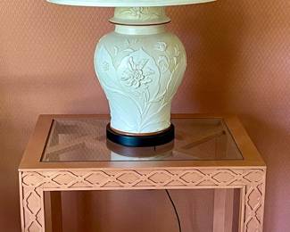 Italian Checkerboard Inlay Side Table/Ceramic Table Lamp