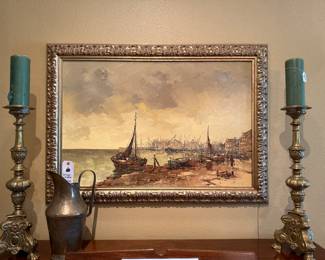 Seascape in the Harbor by A. Verhage (20th Century Dutch Artist)
