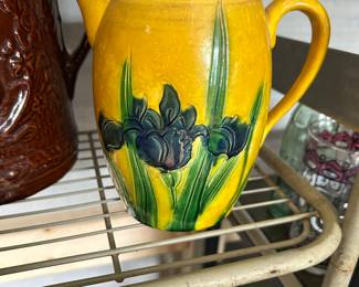ANTIQUE AWAJI BLUE IRIS PITCHER-SOME DAMAGE ON SPOUT
