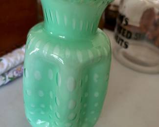 FENTON GREEN OVERLAY BUBBLE OPTIC PINCHED VASE