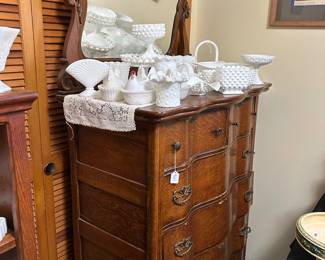 ANTIQUE OAK HIGHBOY DRESSER/MILK GLASS ON TOP