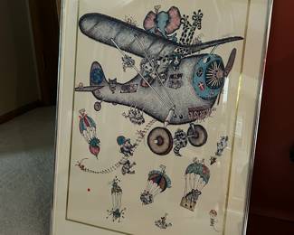 Vintage 1970s Rabindra Danks Red Dot (Animal fun on a Plane) 18x24in (Rare) Signed 1973