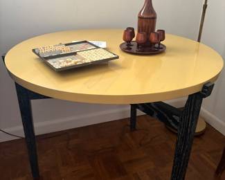 Frewil round side table with wood base, vintage scrabble game, and wood decanter and glasses