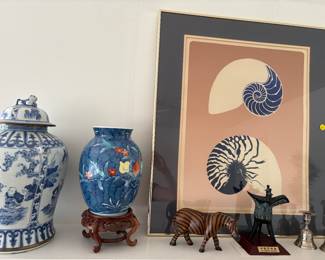 Asian urns/ginger jars, vases, Chinese wine vessel, lithograph signed/numbered, and wood zebra
