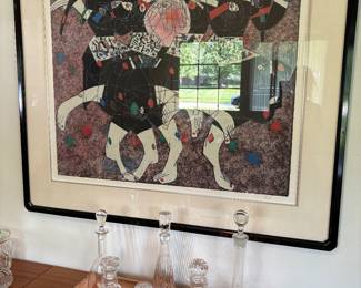 Large scale lithograph: "Moonlight Dance" by Jiang Tie Feng, copper tray, crystal and glass decanters