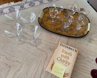 Martini glasses and Signed book by Steinbeck - "Travels with Charlie"