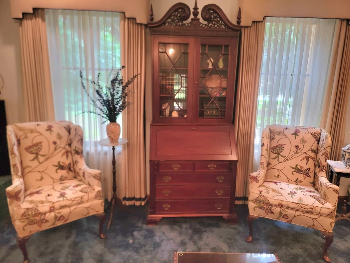 Pr. Of Wing Back Chairs by Suggs & Hardin and Chippendale Style Secretary Bookcase