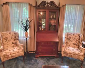 Pr. Of Wing Back Chairs by Suggs & Hardin and Chippendale Style Secretary Bookcase
