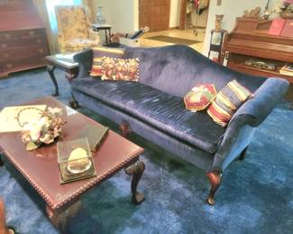 Suggs & Harden Blue Velvet Camel Back Sofa