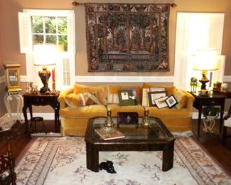 Wonderful Large Tapestry, Mid-Century 7' Curved Sofa, Square Glass Top Coffee Table, 11.f’ x /.5’ Made In Pakistan Tientsin Chinese 100% Wool Hand Made Rug 