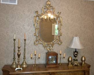 Antique Tall Hearth Candle Holders, Elegant Ornate Gold Leaf Framed Mirror