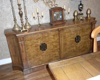 Century Furniture Burled Front Buffett Credenza with Flatware Drawer, Antique Tall Hearth Candle Holders