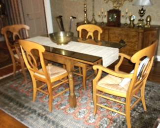 2 Captains and 3 Side Count Rush Bottom Dining Chairs, Large Brass Bowl