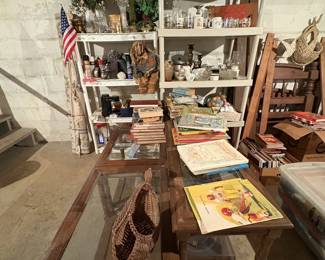 Sofa table, end tables, children’s books, glassware