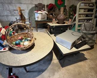 Mid mod tables, vintage Christmas ornaments
