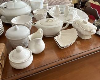 Vintage drop leaf table, dishes