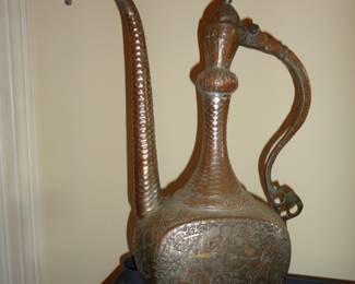 Persian Ewer Pitcher in Copper and engraved (Ewer means jug used to carry water to bathe in)
