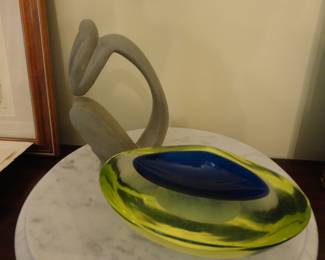 Soapstone Abstract Thinker Stone/1970's Murano Glass Ashtray