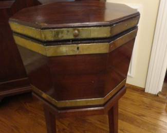 Vintage Covered Wine Cooler (metal liner)/Top comes off the stand and legs on rollers