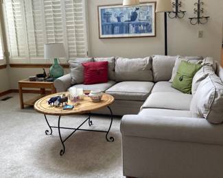 Eddie Bauer Sectional, Round wood top, iron base coffee table, Floor lamp