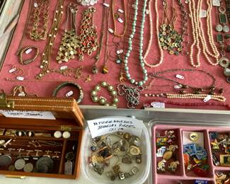 Costume jewelry, cuff links, lapel pins, tie tacks