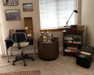Framed photos, small desk, round side table, Mug colletion, Desk Lamp,