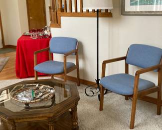 Side Chairs, Coffee table with glass top, floor lamp