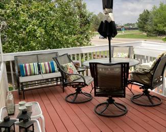 Patio table & chairs, Sliding Loveseat, side tables, Black & White Umbrella with stand