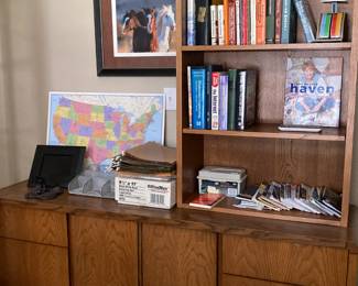Credenza with bookcase, books, maps, office supplies, beautiful Horse art work