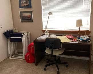 Office Desk and chair, Desk Lamp, Folding patio chairs, sleeping bags